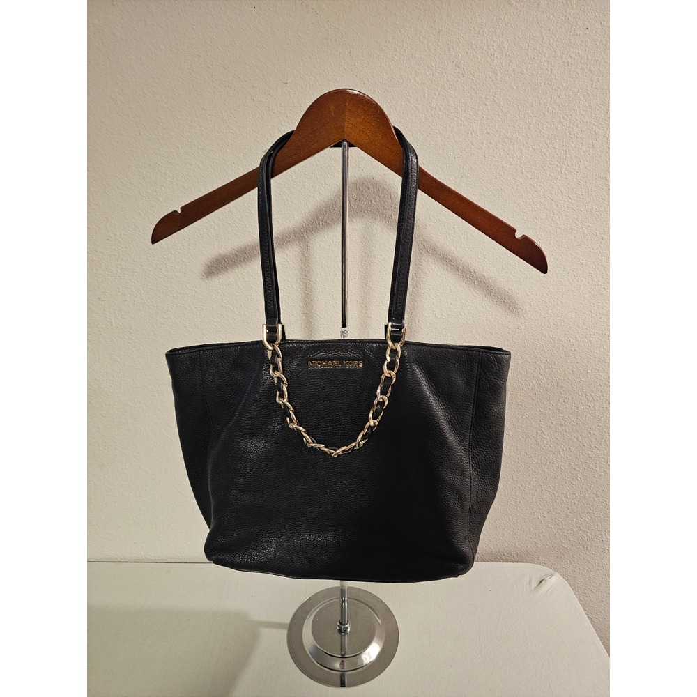 Michael Kors Large Tote Black Pebbled Leather Gold Chain Detail